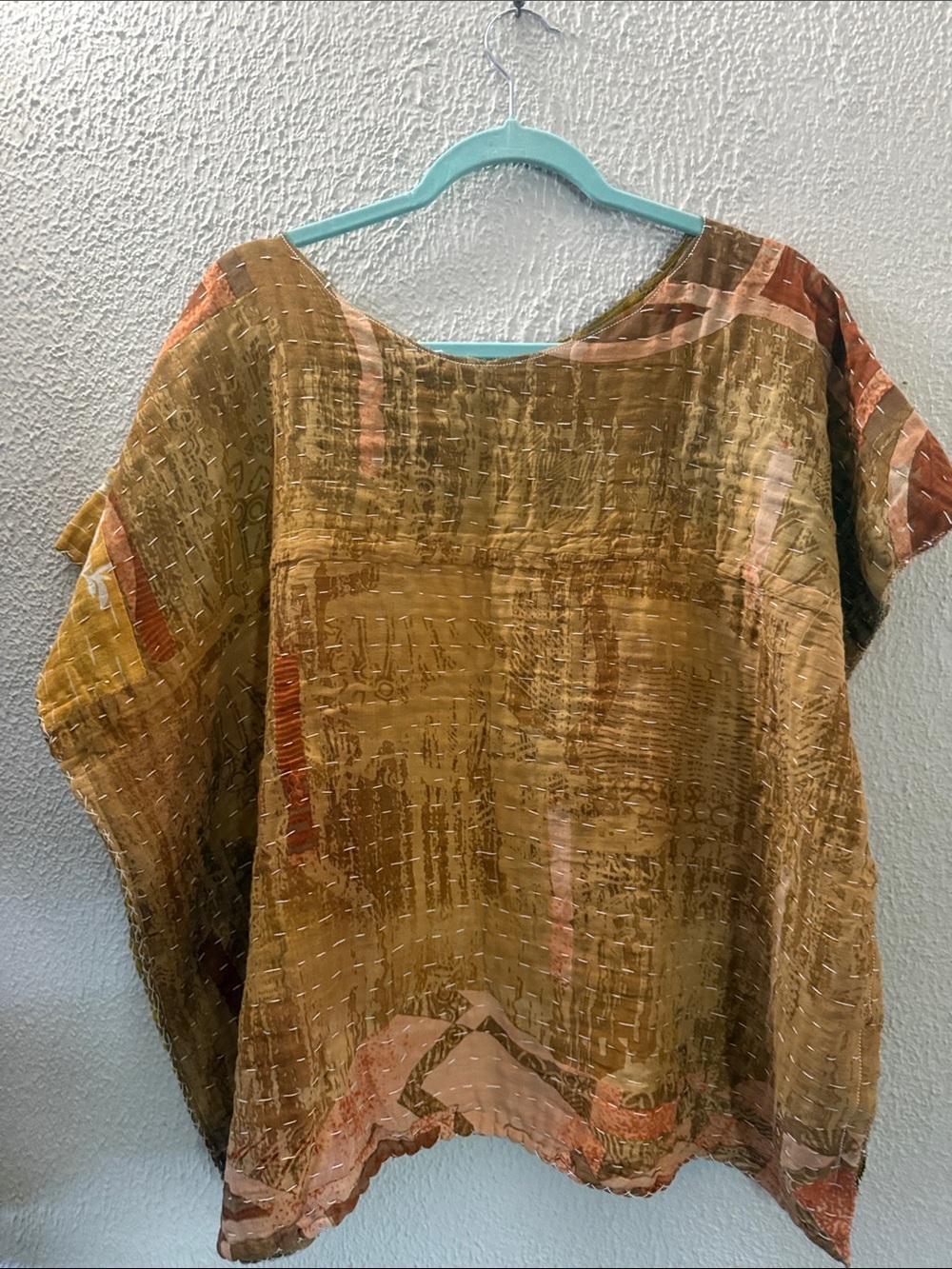 Upcycled Kantha Handcrafted Boho Patchwork Tunic Top in Earth Tones - Picture 2 of 4